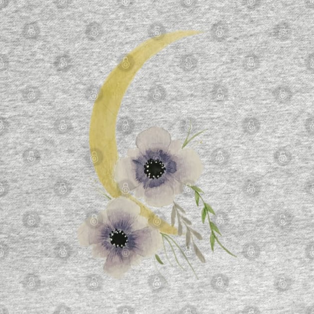 Golen Cresent Moon watercolor painting with violets by JewelsNova